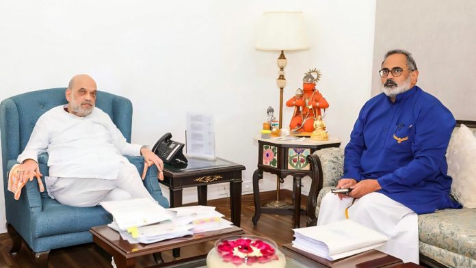 केरळसाठी चर्चा रणनीती: केंद्रीय गृहमंत्री अमित शहा यांच्यासोबत केरळ भाजप अध्यक्ष राजीव चंद्रशेखर यांचा फाइल फोटो.