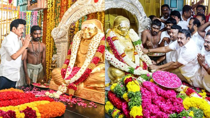 30 ऑक्टोबर 2025 रोजी रामनाथपुरम येथे पसुम्पोन मुथुरामलिंग थेवर यांच्या 118 व्या जयंतीनिमित्त त्यांना श्रद्धांजली वाहताना तामिळनाडूचे मुख्यमंत्री एमके स्टॅलिन (डावीकडे) आणि एआयएडीएमकेचे जनरल सेक्रेटरी ईपीएस (आर)