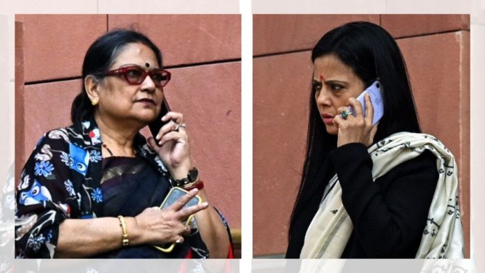 टीएमसी खासदार काकोली घोष दस्तीदार आणि महुआ मोईत्रा सोमवारी संसदेबाहेर