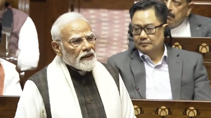 पंतप्रधान नरेंद्र मोदी 5 फेब्रुवारी 2026 रोजी राज्यसभेला संबोधित करताना.