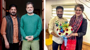 राहुल गांधी आणि प्रियांका गांधी वड्रा यांच्यासोबत तेलंगणाचे मुख्यमंत्री | पीटीआय