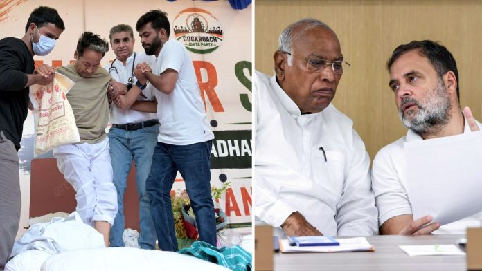 नवी दिल्लीतील जंतर-मंतर येथे उपोषणाच्या 18 व्या दिवशी पर्यावरणवादी सोनम वांगचुक यांना 'कॉकरोच जनता पार्टी'चे संस्थापक अभिजित दिपके आणि इतरजण उठण्यास मदत करत आहेत; काँग्रेस नेते मल्लिकार्जुन खर्गे आणि राहुल गांधी | सूरज सिंग बिष्ट/एएनआय