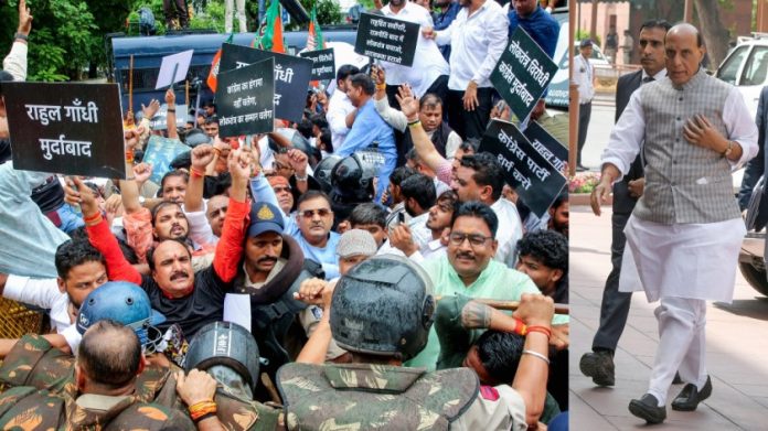 बुधवारी भोपाळमधील काँग्रेस कार्यालयाबाहेर भाजपने केलेले आंदोलन. (उजवीकडे) संरक्षण मंत्री राजनाथ सिंह यांचा फाइल फोटो.