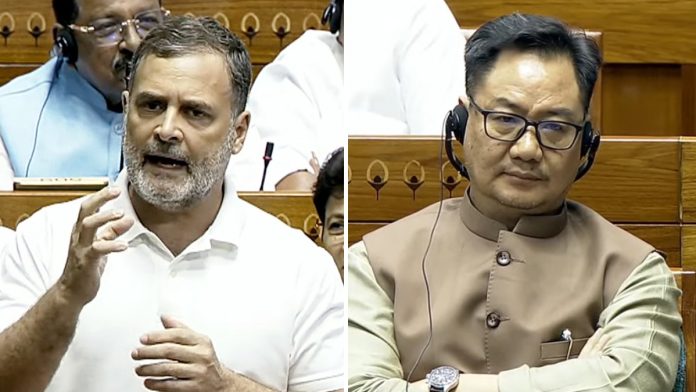 नवी दिल्लीत बुधवारी संसदेच्या पावसाळी अधिवेशनादरम्यान लोकसभेत लोकसभेचे विरोधी पक्षनेते राहुल गांधी आणि केंद्रीय मंत्री किरेन रिजिजू.