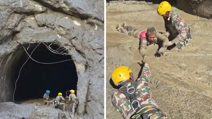 शुक्रवारी रसुवा येथे भोटेकोशी नदीला आलेल्या चिखलमिश्रित अचानक पुरामुळे रसुवा बोगद्यात अडकलेल्या लोकांची नेपाळ लष्कराच्या जवानांनी सुटका केली.