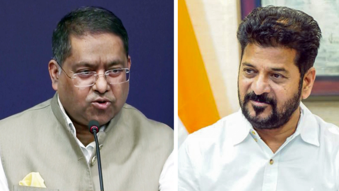 दिल्लीतील पत्रकार परिषदेत परराष्ट्र मंत्रालयाचे प्रवक्ते रणधीर जयस्वाल; तेलंगणाचे मुख्यमंत्री रेवंत रेड्डी यांचा फाइल फोटो.