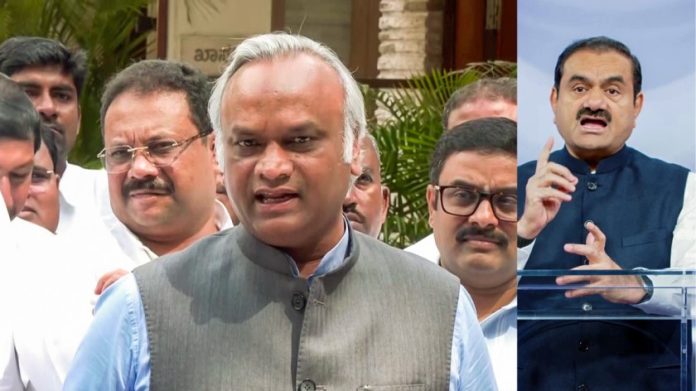 कर्नाटकचे मंत्री प्रियांक खर्गे (डावीकडे) म्हणतात की, अदानी समूहाला कोणताही प्रकल्प दिला जाण्याने गौतम अदानी (उजवीकडे) यांच्याबाबतच्या काँग्रेसच्या भूमिकेत कोणताही बदल होत नाही.