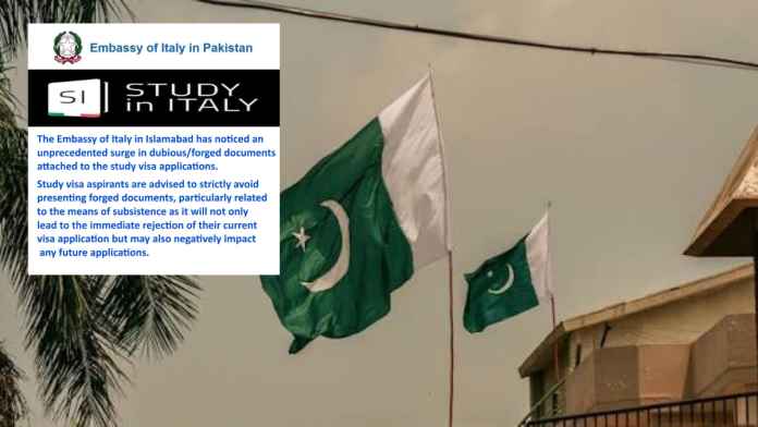 Italian embassy has asked Pakistanis seeking student visas to avoid submitting such falsified documents, particularly those concerning proof of financial means or subsistence